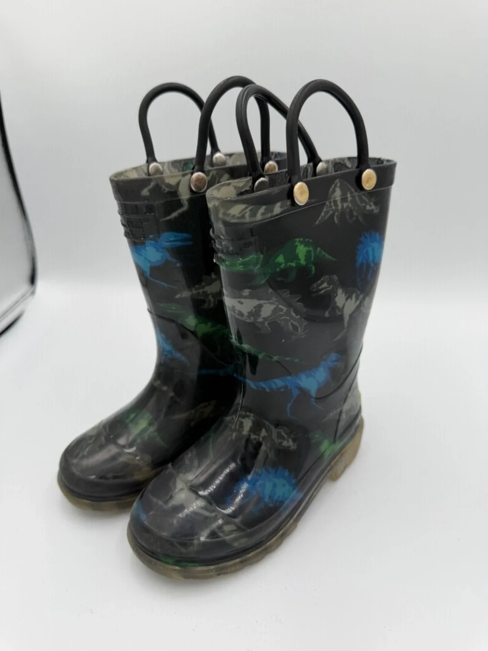 Western Chief Toddler Boy 8 Black Rain Boots Blue & Green Dinosaurs Handles